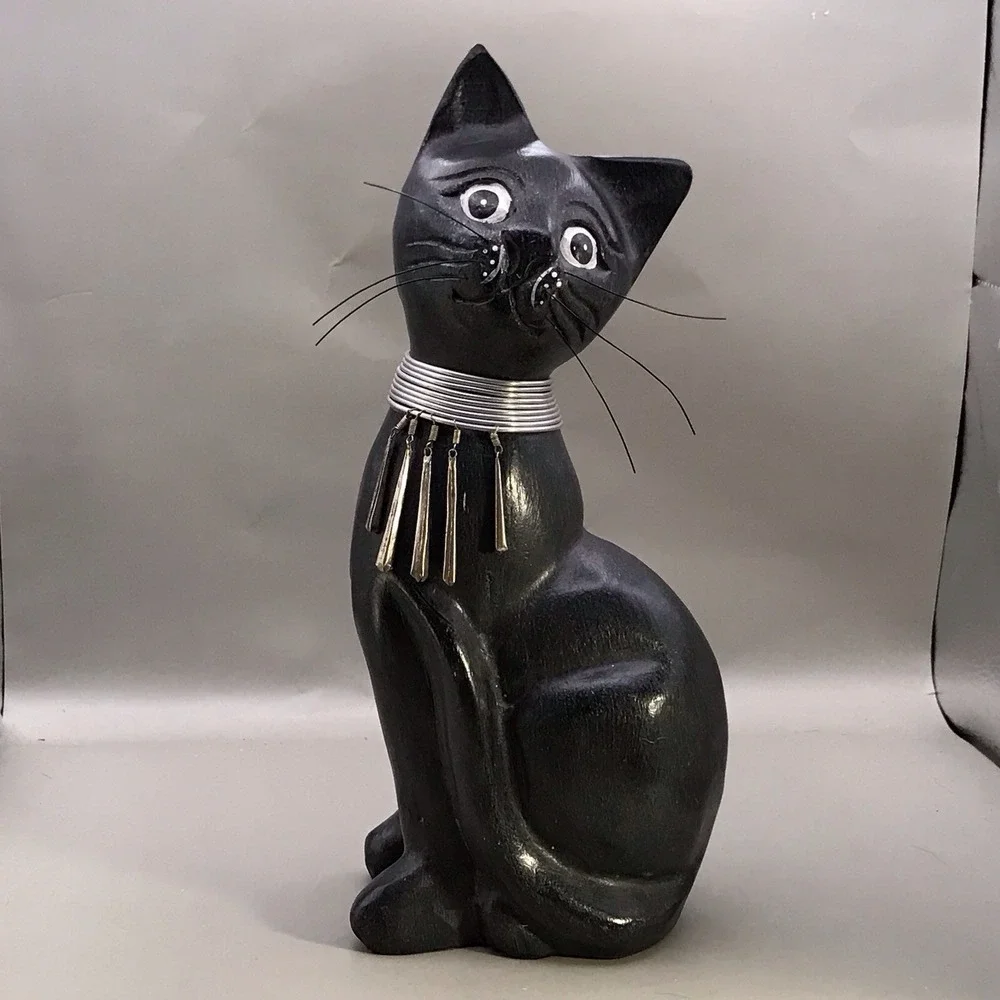 Wooden Black Cat Wearing Egyptian Style Collar 10